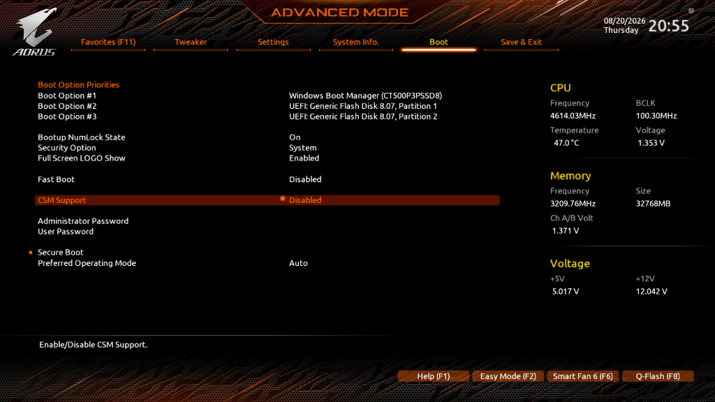 UEFI BIOS Boot menu showing CSM Support status set to Disabled
