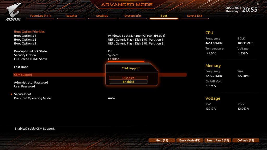 UEFI BIOS Boot menu showing CSM Support selection modal with Disabled and Enabled options